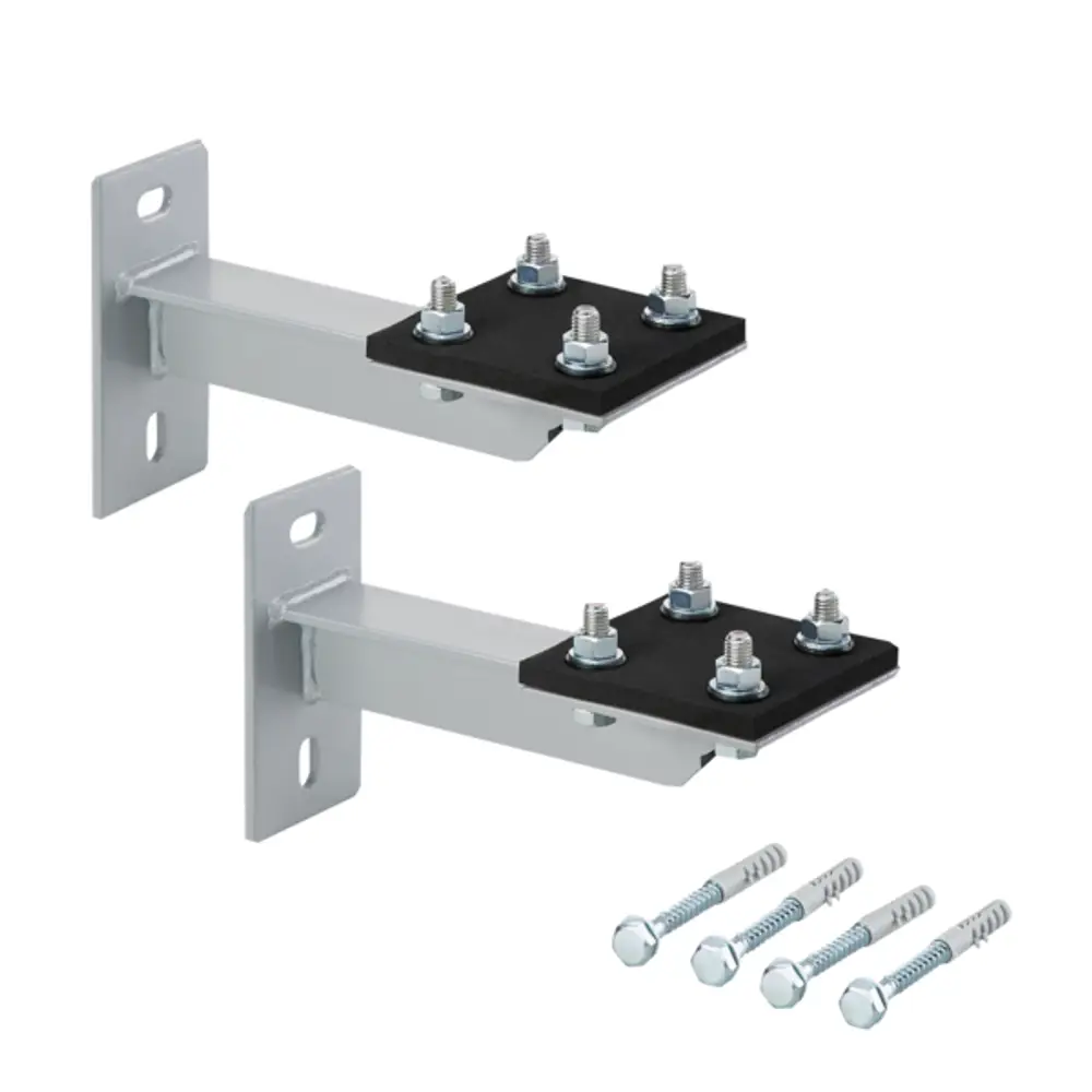 Wandkonsole von Oventrop, bestehend aus zwei Halterungen mit Schrauben und Platten, zur Befestigung von Verteilerbalken, mit mehreren Montagepunkten.